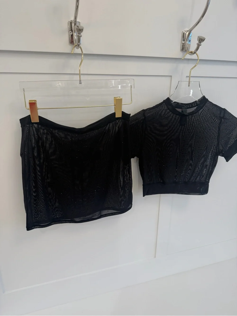 SKIMS Black Sheer Mesh Crop Top and Mini Skirt Set